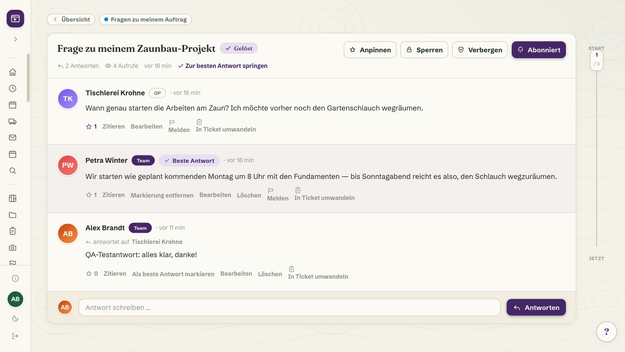 Forum-Paket – Community-Forum fürs CRM — öffentliches SEO-Forum für Reichweite, Kunden-Community im Kundenportal und internes Team-Forum für Wissensaustausch, moderierbar mit Kategorien und Melde-Funktion — ab Paket Pro bereits inklusive.