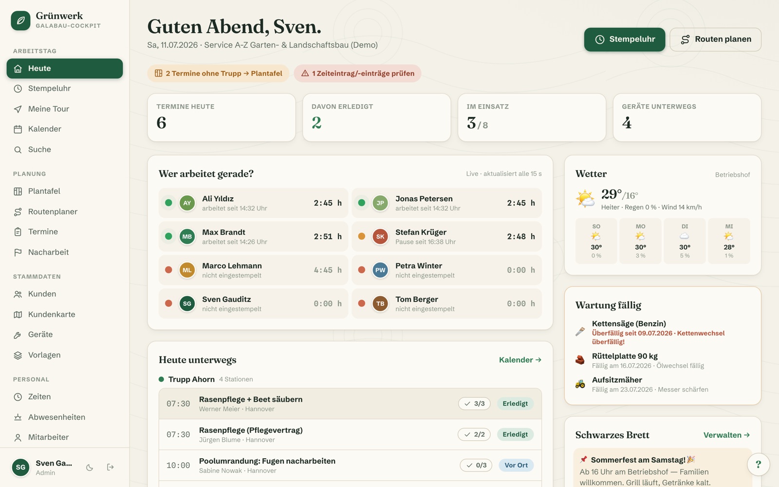 Grünwerk – Das komplette Betriebssystem für GaLaBau-Betriebe: Plantafel, Trupps, Routen, Stempeluhr, Geräte und Kundenakte — vom Büro bis aufs iPad auf der Baustelle.