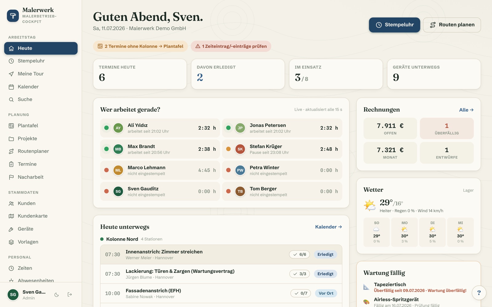 Malerwerk – Das komplette Betriebssystem für Malerbetriebe: Plantafel, Kolonnen, Kundenakte, Stempeluhr, Geräte und Rechnungen — vom Büro bis aufs iPad im Objekt.