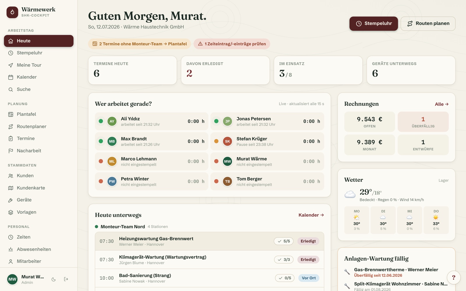 Wärmewerk – Das komplette Betriebssystem für SHK-Betriebe: Anlagen-Verwaltung mit Wartungsgeschäft, Plantafel mit Umplanungs-Modus, Monteur-Teams, Stempeluhr und Rechnungen — vom Büro bis ins Objekt.