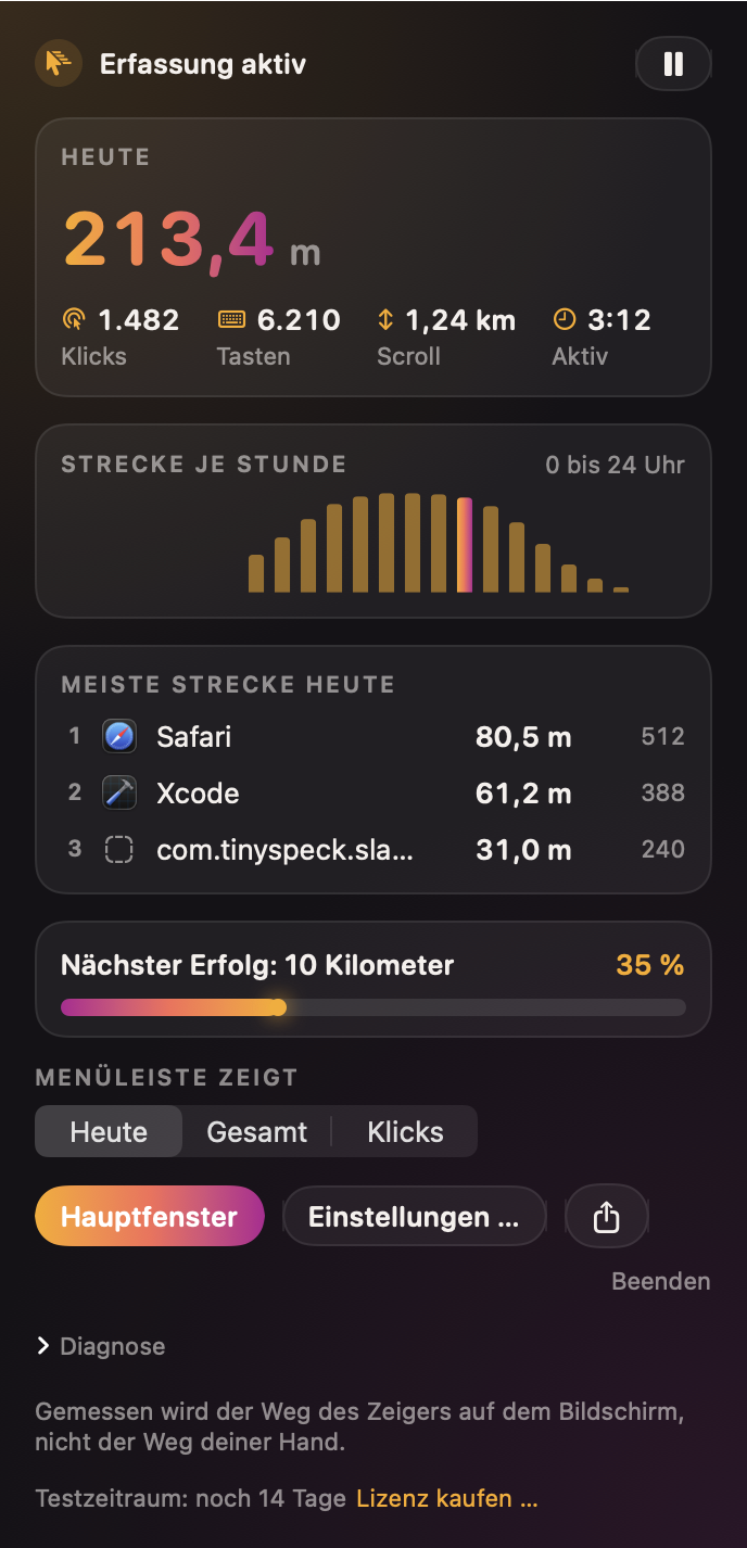 Mausmeter-Panel in der Menüleiste: heutige Strecke, Verlauf je Stunde, Top-Apps und verbleibender Testzeitraum.