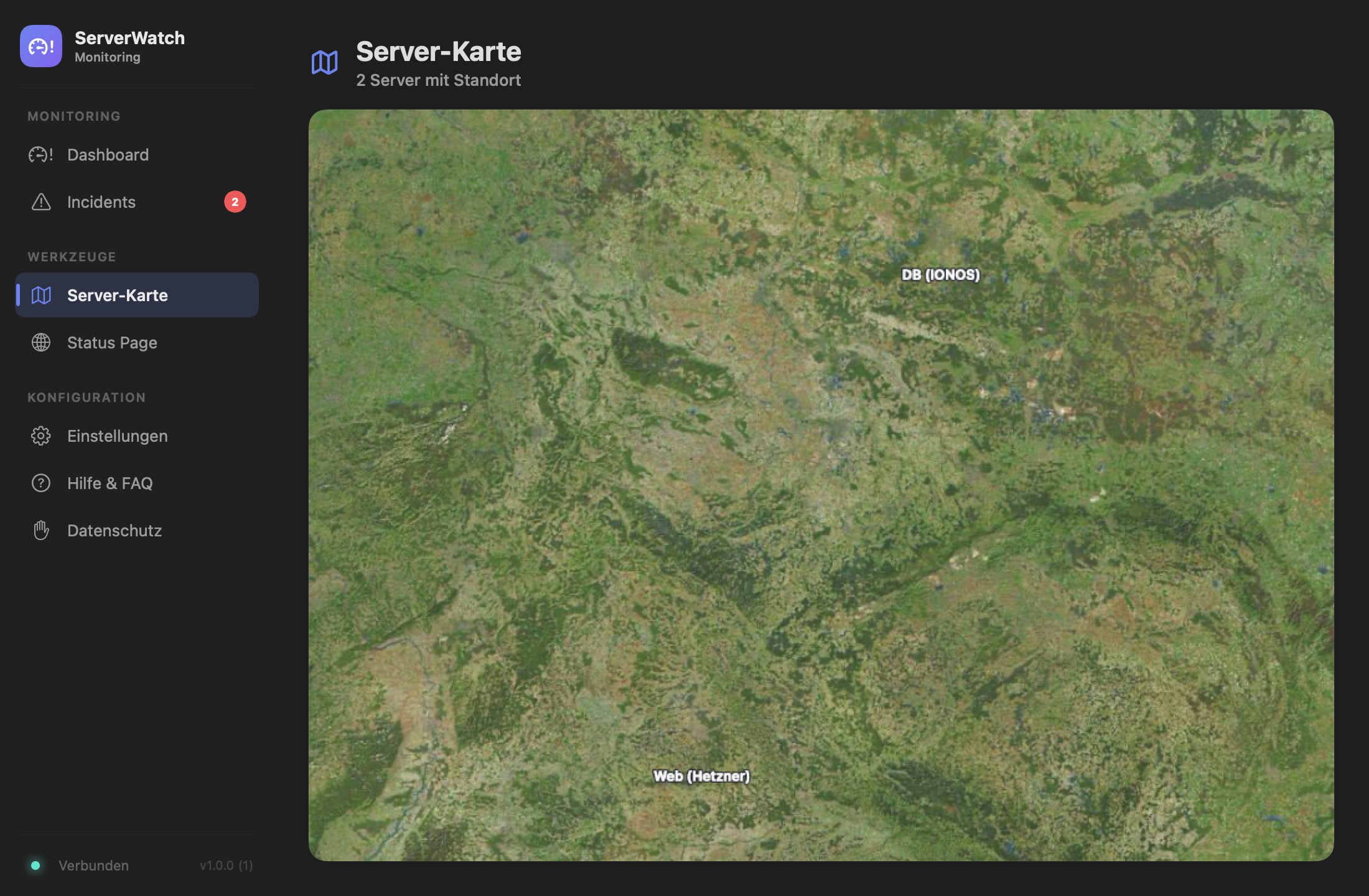 ServerWatch-Server-Karte mit allen Servern als Pins: grün für online, rot für offline.