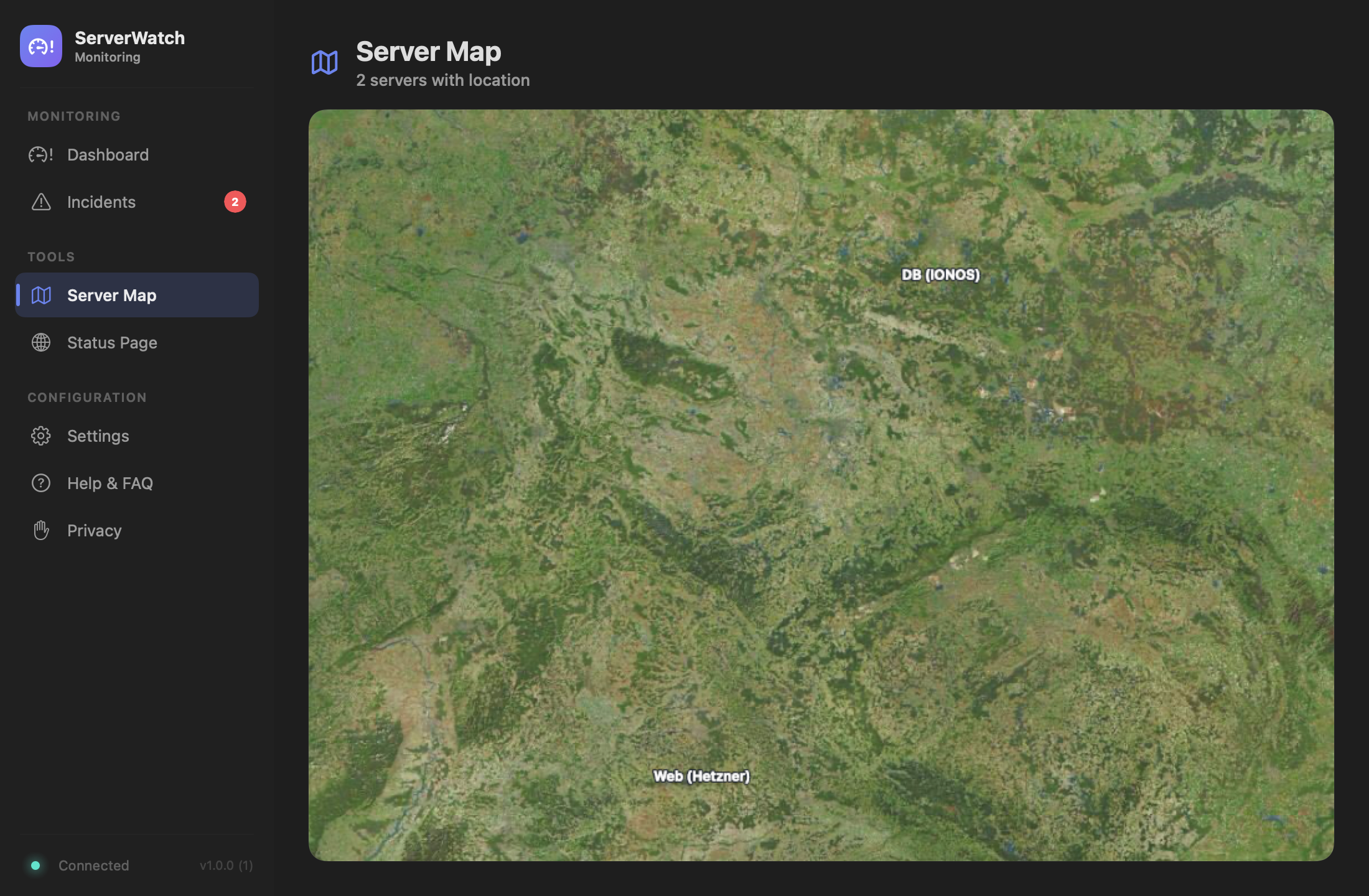 ServerWatch server map with every server shown as a pin: green for online, red for offline.