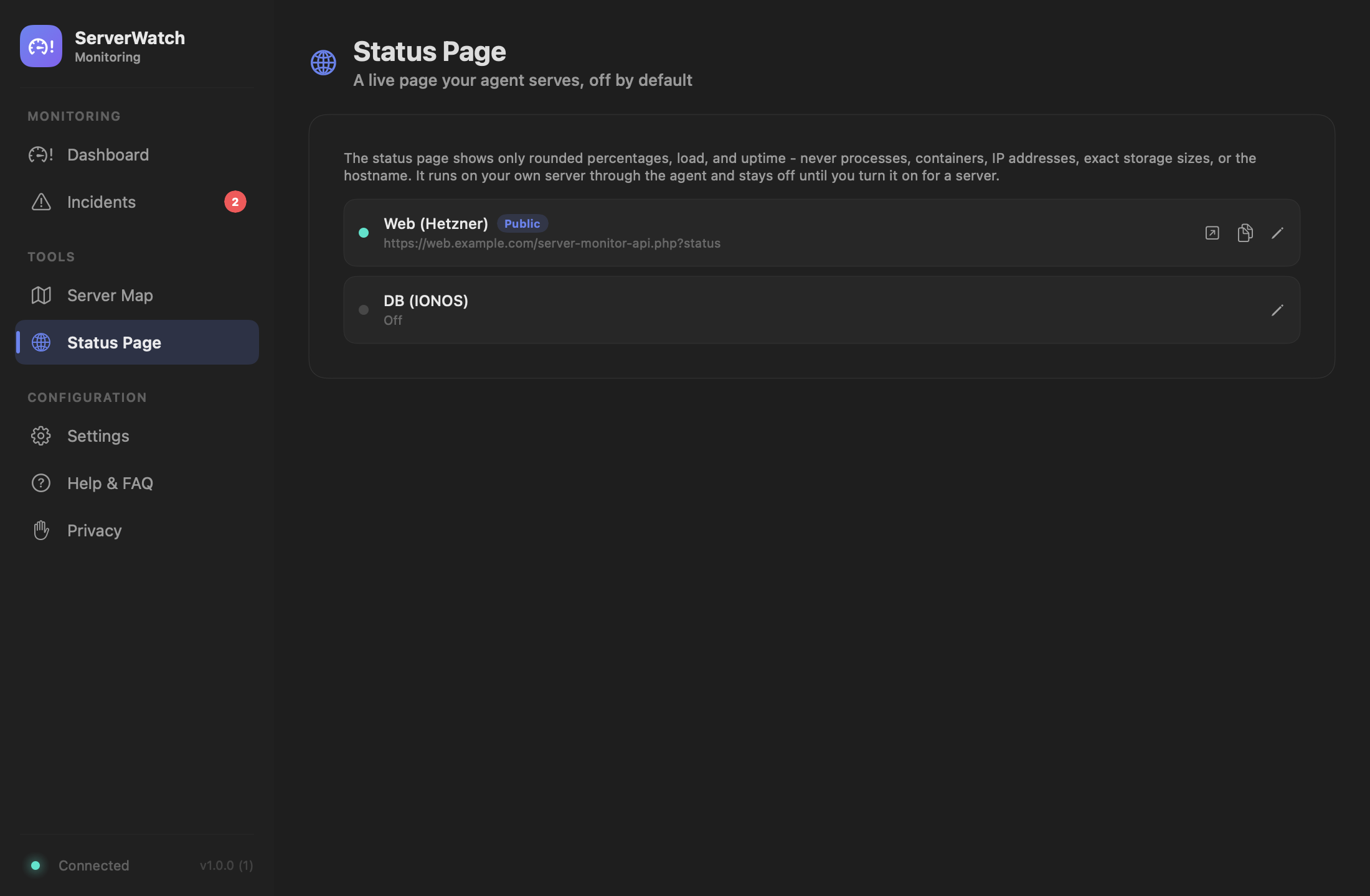 ServerWatch settings for the status page: the toggle, a title and the link token.